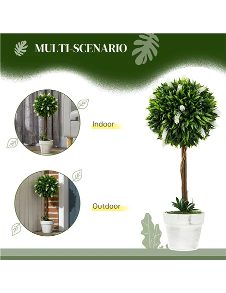 HOMCOM Set of 2 Decorative Artificial Plants Ball Trees with Flower for Home Indoor Outdoor Decor, 60cm ,White