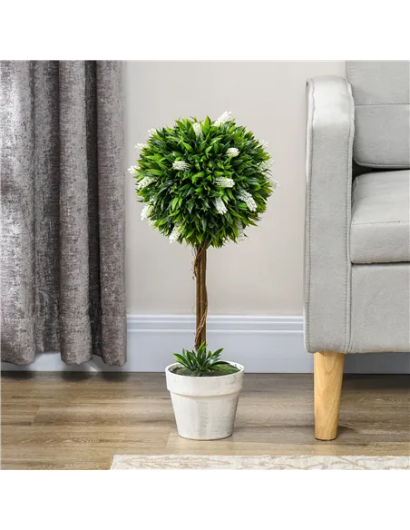 HOMCOM Set of 2 Decorative Artificial Plants Ball Trees with Flower for Home Indoor Outdoor Decor, 60cm ,White