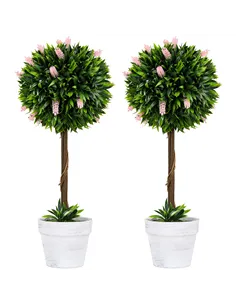 HOMCOM Set of 2 Decorative Artificial Plants Ball Trees with Flower for Home Indoor Outdoor Decor, 60cm ,Pink