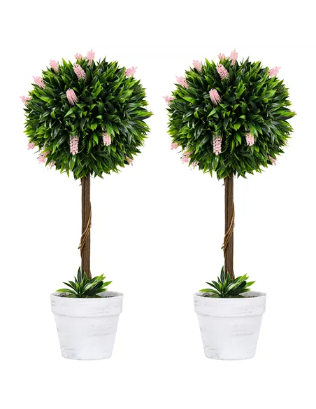 HOMCOM Set of 2 Decorative Artificial Plants Ball Trees with Flower for Home Indoor Outdoor Decor, 60cm ,Pink