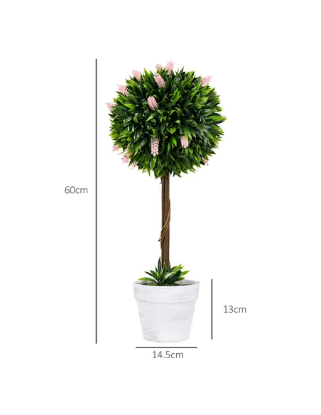 HOMCOM Set of 2 Decorative Artificial Plants Ball Trees with Flower for Home Indoor Outdoor Decor, 60cm ,Pink