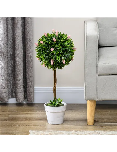 HOMCOM Set of 2 Decorative Artificial Plants Ball Trees with Flower for Home Indoor Outdoor Decor, 60cm ,Pink