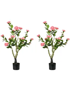 HOMCOM 2 Pieces Decorative Artificial Plants Camellia Flower with Pot, Fake Plant for Home Indoor Outdoor Decor, 95cm, Pink