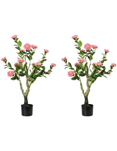 HOMCOM 2 Pieces Decorative Artificial Plants Camellia Flower with Pot, Fake Plant for Home Indoor Outdoor Decor, 95cm, Pink