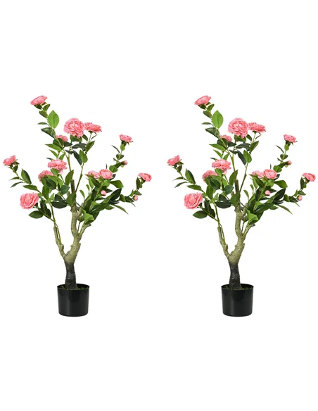 HOMCOM 2 Pieces Decorative Artificial Plants Camellia Flower with Pot, Fake Plant for Home Indoor Outdoor Decor, 95cm, Pink