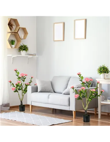 HOMCOM 2 Pieces Decorative Artificial Plants Camellia Flower with Pot, Fake Plant for Home Indoor Outdoor Decor, 95cm, Pink