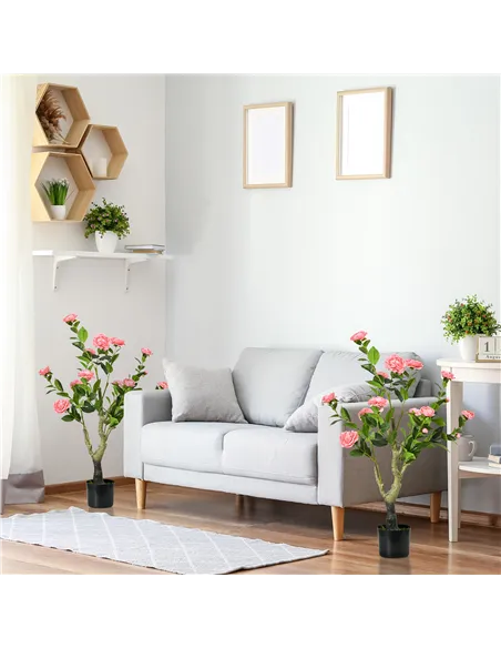 HOMCOM 2 Pieces Decorative Artificial Plants Camellia Flower with Pot, Fake Plant for Home Indoor Outdoor Decor, 95cm, Pink