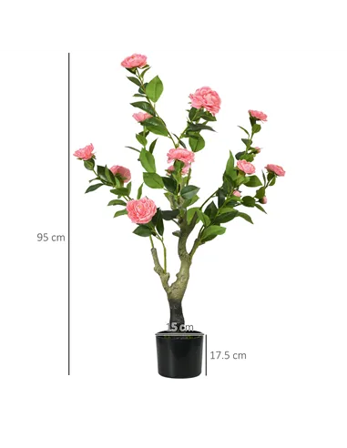 HOMCOM 2 Pieces Decorative Artificial Plants Camellia Flower with Pot, Fake Plant for Home Indoor Outdoor Decor, 95cm, Pink