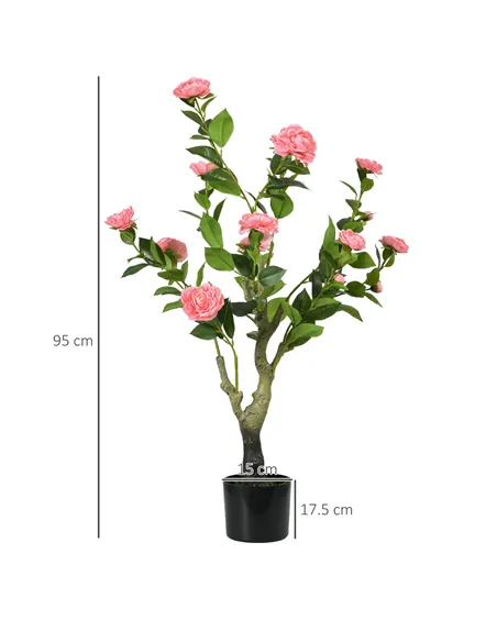HOMCOM 2 Pieces Decorative Artificial Plants Camellia Flower with Pot, Fake Plant for Home Indoor Outdoor Decor, 95cm, Pink