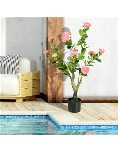 HOMCOM 2 Pieces Decorative Artificial Plants Camellia Flower with Pot, Fake Plant for Home Indoor Outdoor Decor, 95cm, Pink
