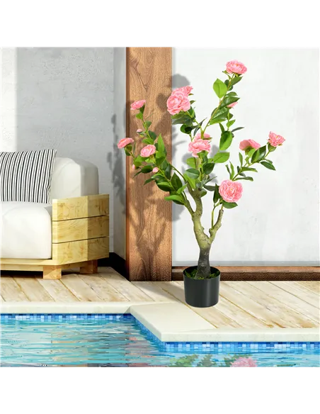 HOMCOM 2 Pieces Decorative Artificial Plants Camellia Flower with Pot, Fake Plant for Home Indoor Outdoor Decor, 95cm, Pink