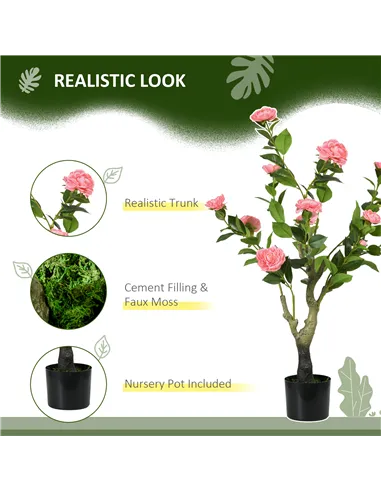 HOMCOM 2 Pieces Decorative Artificial Plants Camellia Flower with Pot, Fake Plant for Home Indoor Outdoor Decor, 95cm, Pink