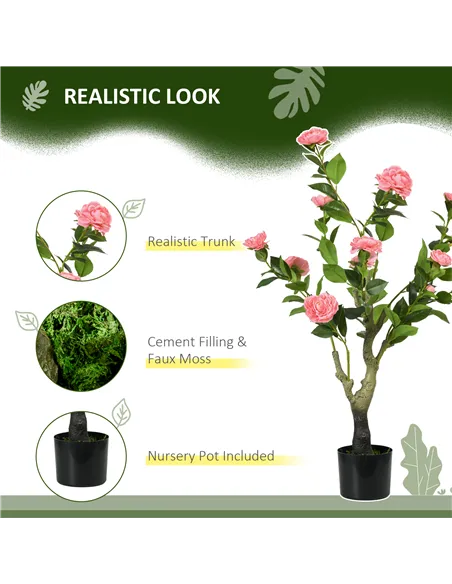 HOMCOM 2 Pieces Decorative Artificial Plants Camellia Flower with Pot, Fake Plant for Home Indoor Outdoor Decor, 95cm, Pink
