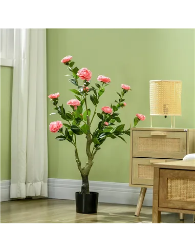 HOMCOM 2 Pieces Decorative Artificial Plants Camellia Flower with Pot, Fake Plant for Home Indoor Outdoor Decor, 95cm, Pink