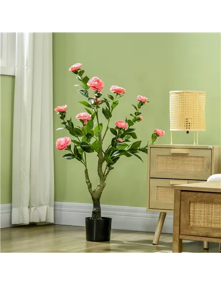HOMCOM 2 Pieces Decorative Artificial Plants Camellia Flower with Pot, Fake Plant for Home Indoor Outdoor Decor, 95cm, Pink