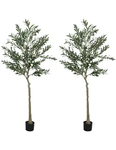 HOMCOM Set of 2 6ft/ 180cm Decorative Artificial Plant, Silk Olive Tree with 900 Leaves and 40 Olive Fruits in Pot, Fake Plant f