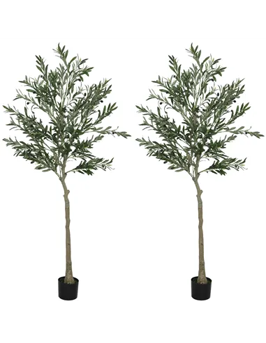 HOMCOM Set of 2 6ft/ 180cm Decorative Artificial Plant, Silk Olive Tree with 900 Leaves and 40 Olive Fruits in Pot, Fake Plant f