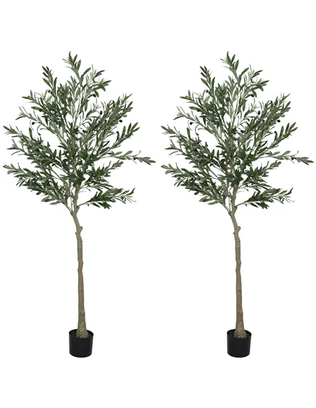 HOMCOM Set of 2 6ft/ 180cm Decorative Artificial Plant, Silk Olive Tree with 900 Leaves and 40 Olive Fruits in Pot, Fake Plant f