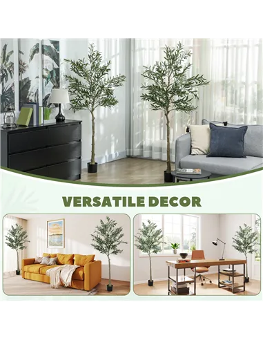 HOMCOM Set of 2 6ft/ 180cm Decorative Artificial Plant, Silk Olive Tree with 900 Leaves and 40 Olive Fruits in Pot, Fake Plant f