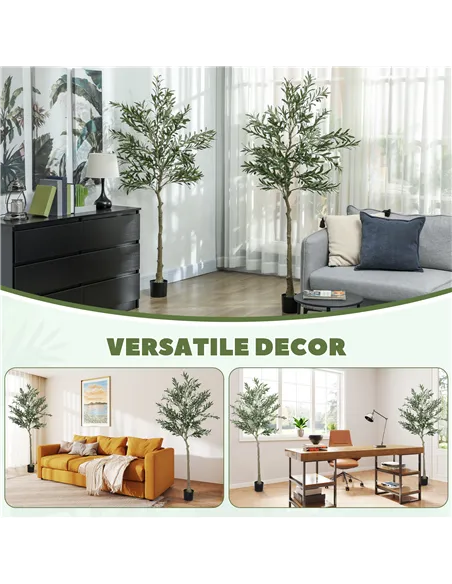 HOMCOM Set of 2 6ft/ 180cm Decorative Artificial Plant, Silk Olive Tree with 900 Leaves and 40 Olive Fruits in Pot, Fake Plant f