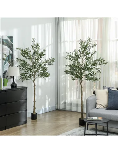 HOMCOM Set of 2 6ft/ 180cm Decorative Artificial Plant, Silk Olive Tree with 900 Leaves and 40 Olive Fruits in Pot, Fake Plant f