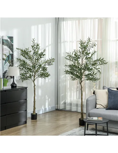 HOMCOM Set of 2 6ft/ 180cm Decorative Artificial Plant, Silk Olive Tree with 900 Leaves and 40 Olive Fruits in Pot, Fake Plant f