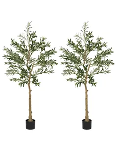 HOMCOM Set of 2 5ft/ 150cm Decorative Artificial Plant, Silk Olive Tree with 720 Leaves and 32 Olive Fruits in Pot, Fake Plant f