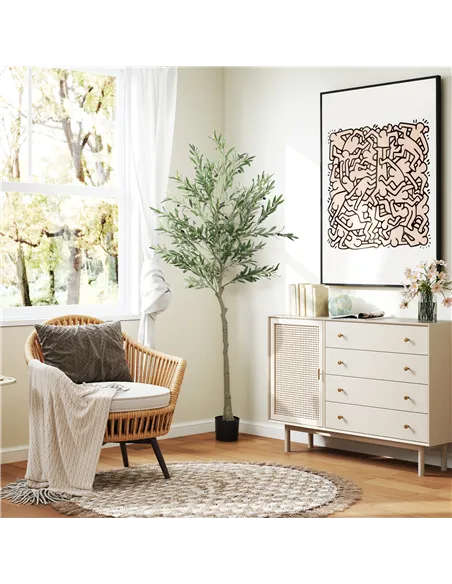 HOMCOM 6ft/ 180cm Decorative Artificial Plant, Silk Olive Tree with 900 Leaves and 40 Olive Fruits in Pot, Fake Plant for Home, 