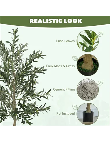 HOMCOM 6ft/ 180cm Decorative Artificial Plant, Silk Olive Tree with 900 Leaves and 40 Olive Fruits in Pot, Fake Plant for Home, 