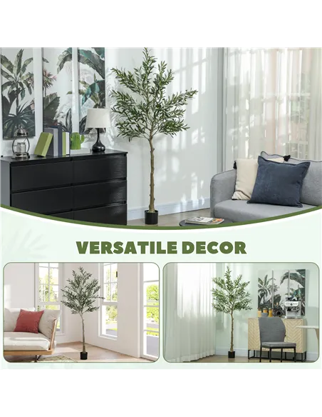 HOMCOM 6ft/ 180cm Decorative Artificial Plant, Silk Olive Tree with 900 Leaves and 40 Olive Fruits in Pot, Fake Plant for Home, 