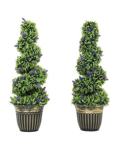 HOMCOM Set of 2 Decorative Artificial Plants, Boxwood Spiral Topiary Tree with Lavender and Pot, Fake Plants for Home Indoor Out
