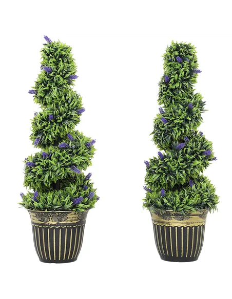 HOMCOM Set of 2 Decorative Artificial Plants, Boxwood Spiral Topiary Tree with Lavender and Pot, Fake Plants for Home Indoor Out
