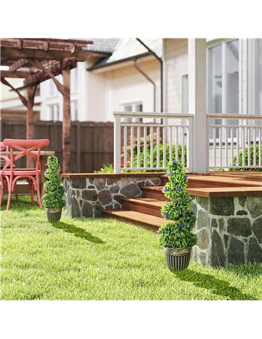 HOMCOM Set of 2 Decorative Artificial Plants, Boxwood Spiral Topiary Tree with Lavender and Pot, Fake Plants for Home Indoor Out