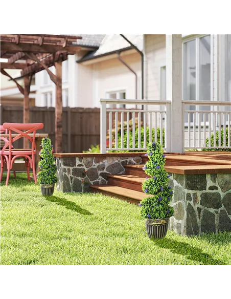 HOMCOM Set of 2 Decorative Artificial Plants, Boxwood Spiral Topiary Tree with Lavender and Pot, Fake Plants for Home Indoor Out