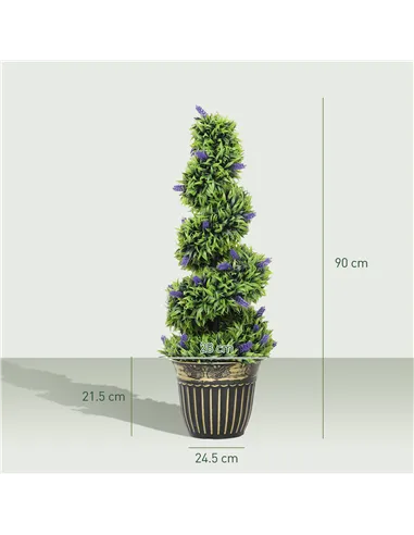 HOMCOM Set of 2 Decorative Artificial Plants, Boxwood Spiral Topiary Tree with Lavender and Pot, Fake Plants for Home Indoor Out