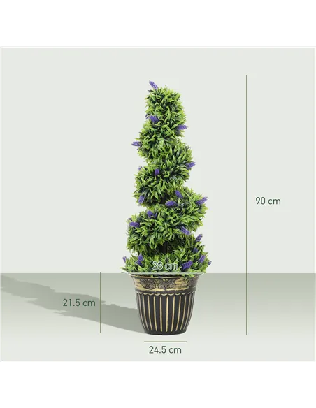 HOMCOM Set of 2 Decorative Artificial Plants, Boxwood Spiral Topiary Tree with Lavender and Pot, Fake Plants for Home Indoor Out