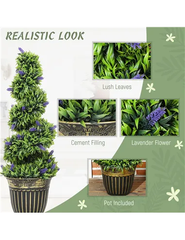 HOMCOM Set of 2 Decorative Artificial Plants, Boxwood Spiral Topiary Tree with Lavender and Pot, Fake Plants for Home Indoor Out