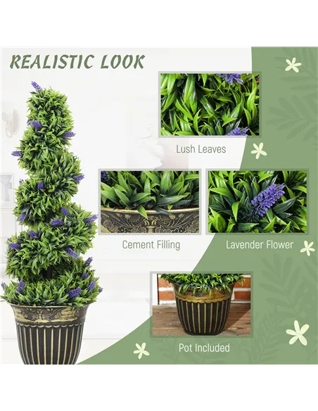 HOMCOM Set of 2 Decorative Artificial Plants, Boxwood Spiral Topiary Tree with Lavender and Pot, Fake Plants for Home Indoor Out