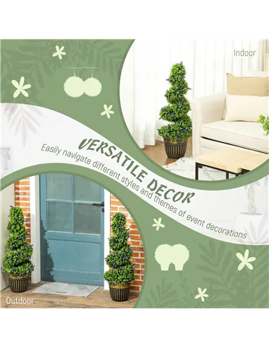 HOMCOM Set of 2 Decorative Artificial Plants, Boxwood Spiral Topiary Tree with Lavender and Pot, Fake Plants for Home Indoor Out