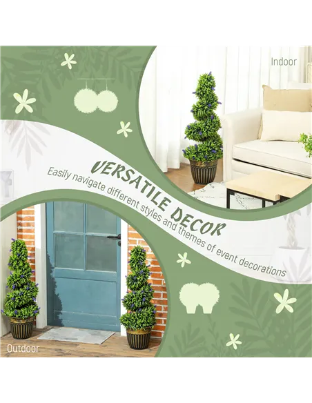HOMCOM Set of 2 Decorative Artificial Plants, Boxwood Spiral Topiary Tree with Lavender and Pot, Fake Plants for Home Indoor Out