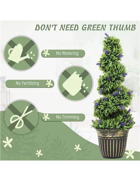 HOMCOM Set of 2 Decorative Artificial Plants, Boxwood Spiral Topiary Tree with Lavender and Pot, Fake Plants for Home Indoor Out