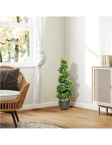 HOMCOM Set of 2 Decorative Artificial Plants, Boxwood Spiral Topiary Tree with Lavender and Pot, Fake Plants for Home Indoor Out