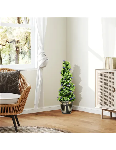 HOMCOM Set of 2 Decorative Artificial Plants, Boxwood Spiral Topiary Tree with Lavender and Pot, Fake Plants for Home Indoor Out
