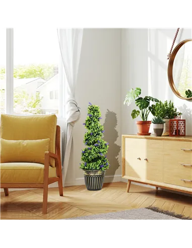 HOMCOM Set of 2 Decorative Artificial Plants, Boxwood Spiral Topiary Tree with Lavender and Pot, Fake Plants for Home Indoor Out