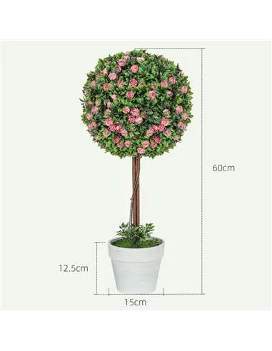 HOMCOM Set of 2 Decorative Artificial Plants, Ball Topiary Tree with Rose Flower in Pot, Fake Plants for Home Indoor Outdoor Dec