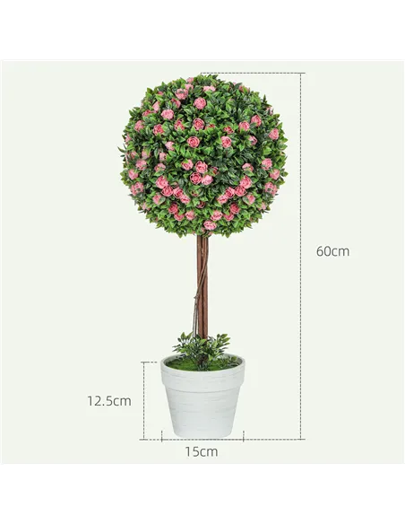 HOMCOM Set of 2 Decorative Artificial Plants, Ball Topiary Tree with Rose Flower in Pot, Fake Plants for Home Indoor Outdoor Dec