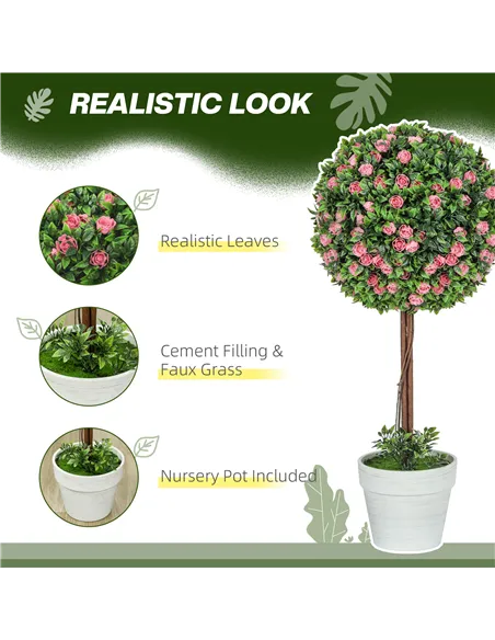 HOMCOM Set of 2 Decorative Artificial Plants, Ball Topiary Tree with Rose Flower in Pot, Fake Plants for Home Indoor Outdoor Dec