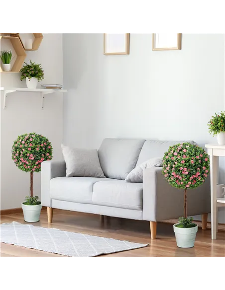 HOMCOM Set of 2 Decorative Artificial Plants, Ball Topiary Tree with Rose Flower in Pot, Fake Plants for Home Indoor Outdoor Dec