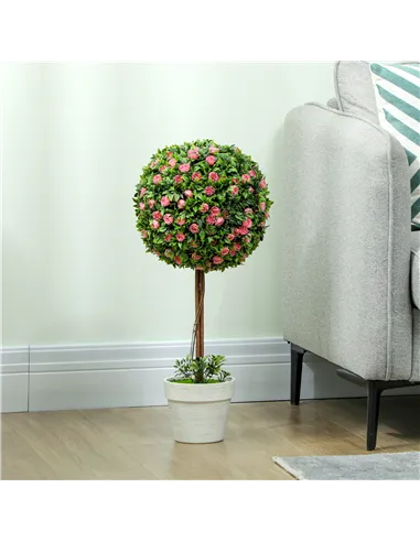 HOMCOM Set of 2 Decorative Artificial Plants, Ball Topiary Tree with Rose Flower in Pot, Fake Plants for Home Indoor Outdoor Dec