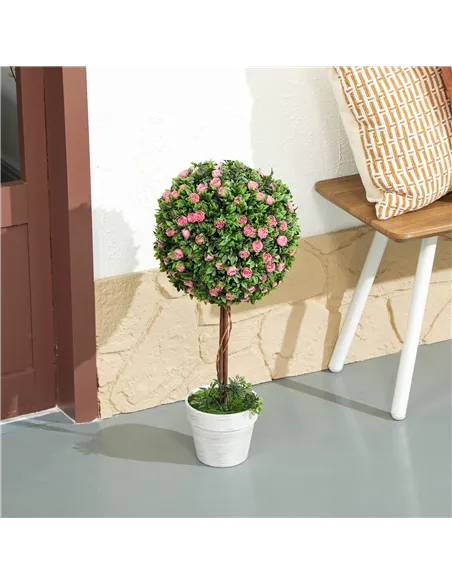 HOMCOM Set of 2 Decorative Artificial Plants, Ball Topiary Tree with Rose Flower in Pot, Fake Plants for Home Indoor Outdoor Dec
